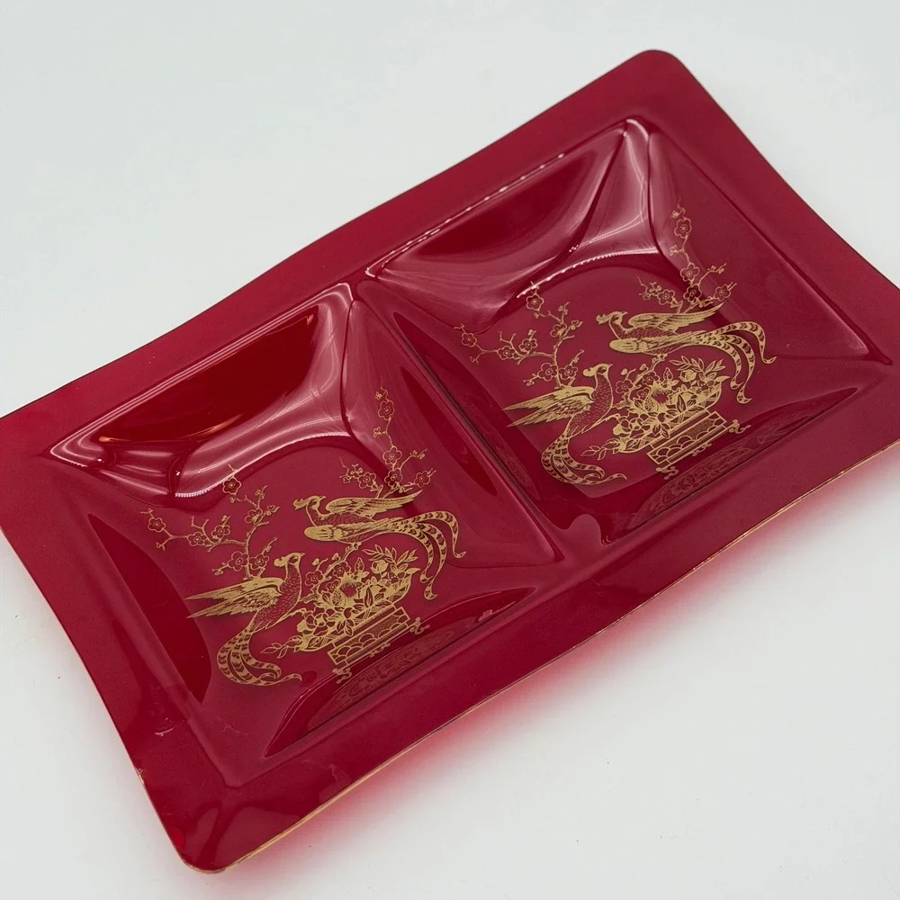 Vintage Ruby Red Acrylic Divided Trinket Tray Gold Peacock Chinoiserie Decor MCM